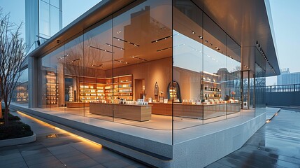 Contemporary retail storefront featuring extensive glass windows and minimalist interiors, reflecting city architecture in the glass 