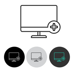 added monitor vector icon, line icon, monitor in black, white and light blue, using black, white, light black circle button