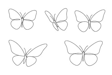 Five minimalist line drawings of butterflies showcasing different wing positions and styles on a plain background