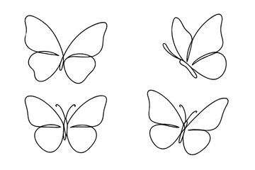 Butterflies drawn in continuous line art showcasing elegant shapes and graceful forms in black on a white background