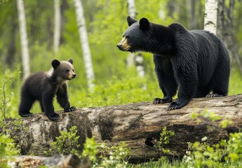 Cute bear cub and adult bear playing in lush green forest near log, showcasing wildlife interaction and natural habitat environment in spring season