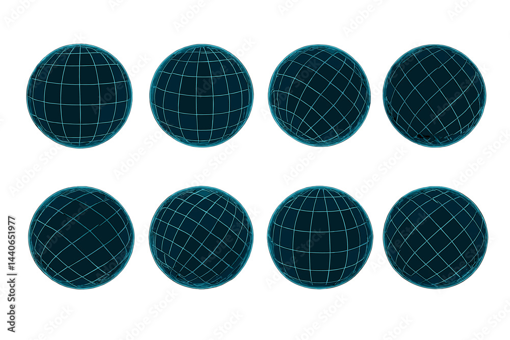 Poster digital representations of spheres with wireframe grids displayed in a neat arrangement on a white b