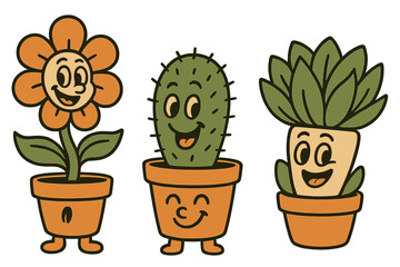 Happy cartoon plants in colorful pots celebrate their lively personalities under bright sunshine