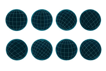Digital representations of spheres with wireframe grids displayed in a neat arrangement on a white background