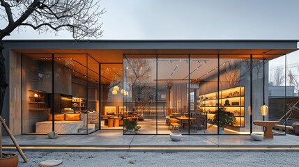 Contemporary retail storefront featuring extensive glass windows and minimalist interiors, reflecting city architecture in the glass 