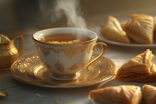 Steaming cup of spiced chai served alongside traditional Eid sweet like baklava maamoul Soft natural light accentuating golden hue of chai high resolution ultra detailed texture of tea dessert