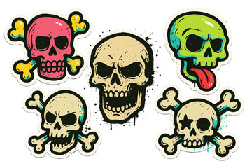 Colorful skull stickers featuring various designs with bold colors and playful elements for decoration or art projects