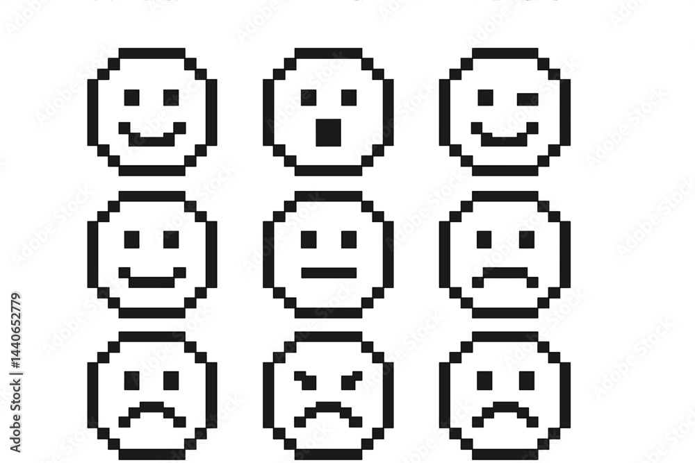 Poster variations of emotions displayed through pixel art faces in a grid format
