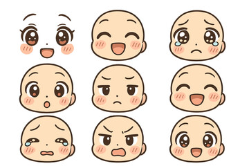 Various facial expressions of a cartoon baby with round features, showcasing emotions like happiness, sadness, and anger in a fun style