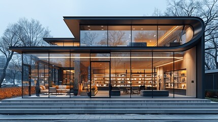 Contemporary retail storefront featuring extensive glass windows and minimalist interiors, set on a modern urban street 