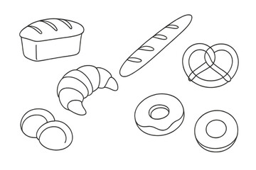 Bakery assortment featuring various breads and pastries in simple line art style with no colors
