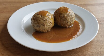 Traditional Leberknödel with Gravy Served on White Plate  