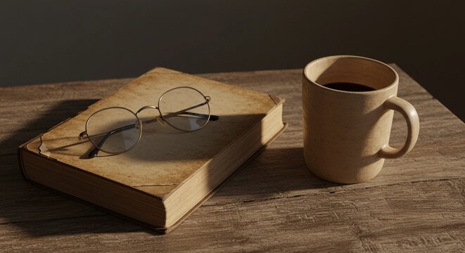 Cozy still life with book, coffee cup and glasses on rustic table