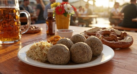 Fototapeta premium Hearty Leberknödel served with beer and pretzels outdoors 