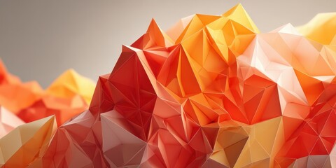 Abstract geometric landscape with vibrant orange and yellow hues under soft lighting in a creative setting