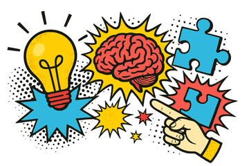 Creative ideas and problem solving with brain, light bulb, and puzzle pieces represented in vibrant colors at a conceptual design