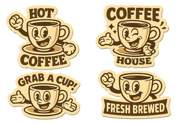 Engaging coffee-themed illustrations promoting a cozy coffee house atmosphere with cheerful characters