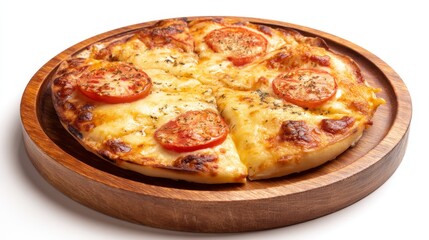 Cheesy tomato pizza on wooden pan - delicious italian cuisine close-up