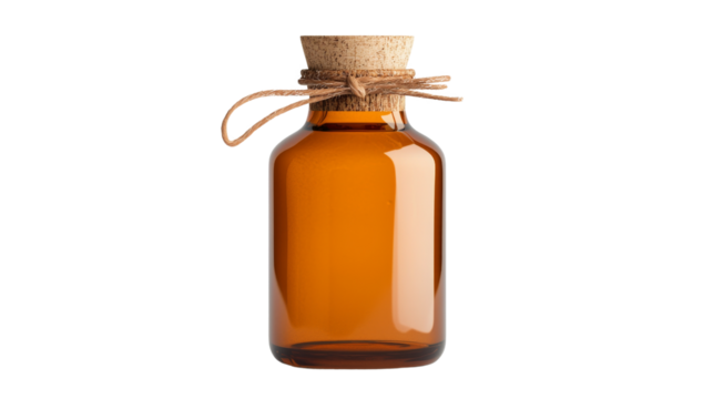 Amber Glass Bottle with Cork Stopper and Twine on a Transparent Background