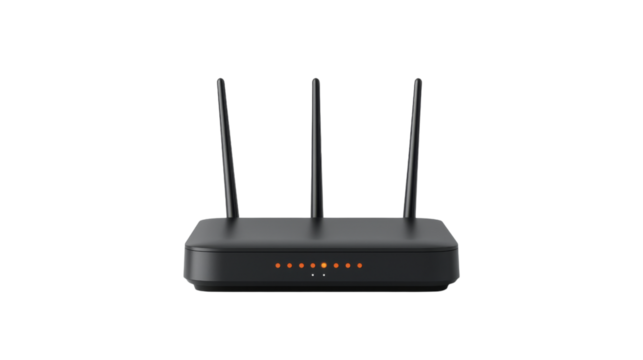Black Wireless Router with Three Antennas and Indicator Lights on a Transparent Background