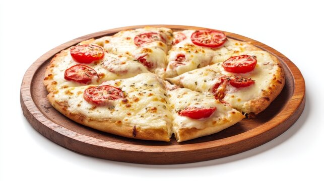 Cheesy margherita pizza with sliced tomatoes on wooden platter