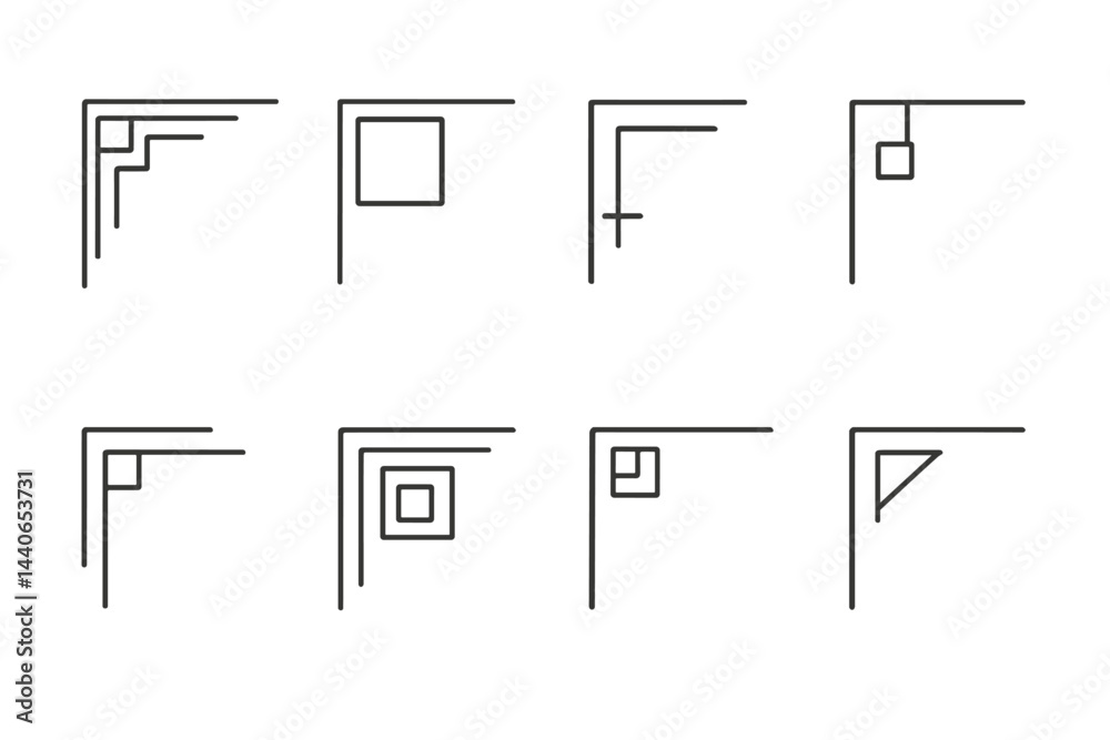 Poster geometric design patterns with lines and squares showcasing various arrangements and orientations in