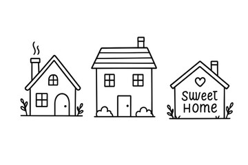 Line art illustration of three charming houses showcasing different designs and the concept of home