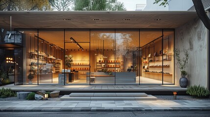 Contemporary shopfront with wide glass windows and a minimalist interior space, with curated displays and clean signage 