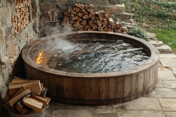 Fototapeta premium Rustic outdoor wooden hot tub with firewood on stone patio in tranquil setting