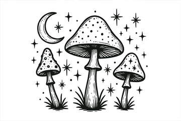 Mushrooms under a starry sky in a whimsical illustration with celestial elements and natural details