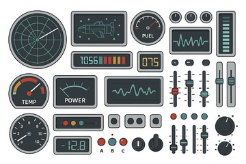 Control panel design showcasing a variety of gauges, dials, and screens for monitoring spaceship functions and performance metrics