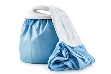 A modern blue washing machine with a removable fabric cover, showcasing its sleek design and functionality, set against a clean white background, ideal for home appliance marketing