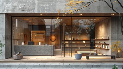 Contemporary shopfront with wide glass windows and a minimalist interior space, on a modern pedestrian street 