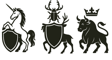 Heraldic symbols featuring a unicorn, a stag, and a bull with shields in a minimalist design