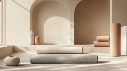 Fototapeta premium A luxurious yoga mat showcased in a brand-focused product shoot, with a carefully arranged studio setup. The lighting introduces gentle