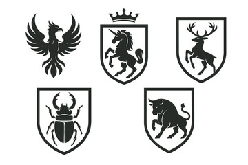 Fototapeta premium Unique collection of heraldic symbols featuring a phoenix, unicorn, deer, beetle, and bull designed in black and white style