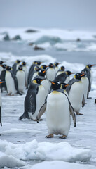 Group of king penguins standing together in cold harmony representing wildlife unity on icy Antarctic landscape with copy space