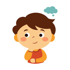 Fototapeta premium Pensive cartoon boy with a thought bubble illustrating childhood curiosity and imagination