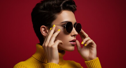woman, beauty, sunglasses, fashion, glasses, model, hair, face, people, makeup, lips, eyes, glamour, person, black, brunette, make-up, style, studio, sensuality, closeup, lady, red, one, sensual