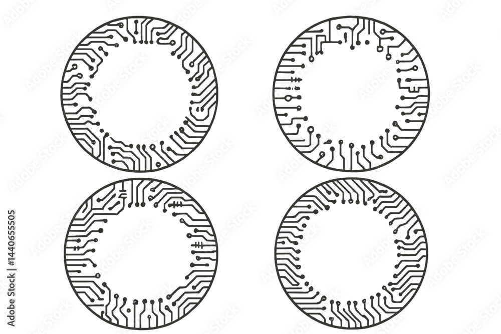 Poster designs of circular circuit patterns showcasing intricate details and connectivity in modern technol