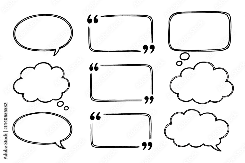 Fototapete black and white speech bubbles and quotation marks with different shapes on a white background