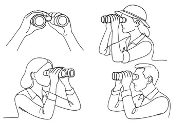 Four individuals using binoculars to observe wildlife in a nature setting during a sunny afternoon