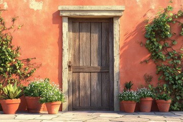 Fototapeta premium Rustic wooden door on a terracotta-colored wall.
