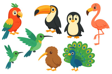 Colorful cartoon birds in various poses and styles showcasing diverse species in a playful design
