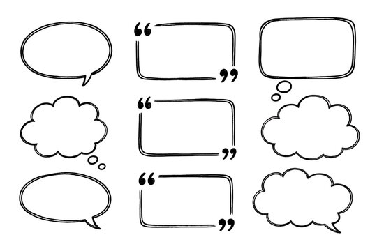 Black and white speech bubbles and quotation marks with different shapes on a white background