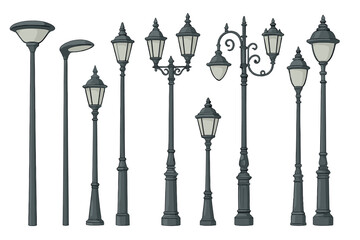 Collection of various street lamps in a classic design displayed on a white background