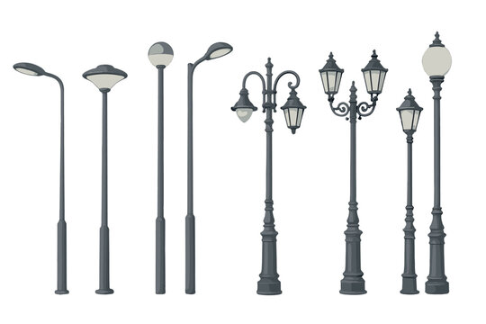 Various styles of street lamps designed for different urban landscapes and architectural themes