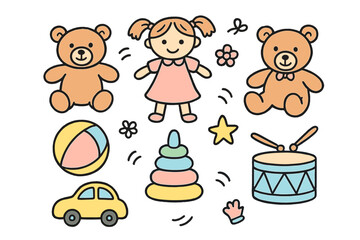 Naklejka premium Fun playtime scene featuring a girl with toys, bears, and colorful objects in a cheerful setting