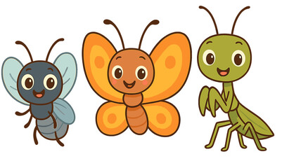 Colorful cartoon insects with smiling faces display their unique features in a cheerful illustration