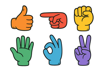 Colorful hand gestures representing various meanings in a playful and artistic style